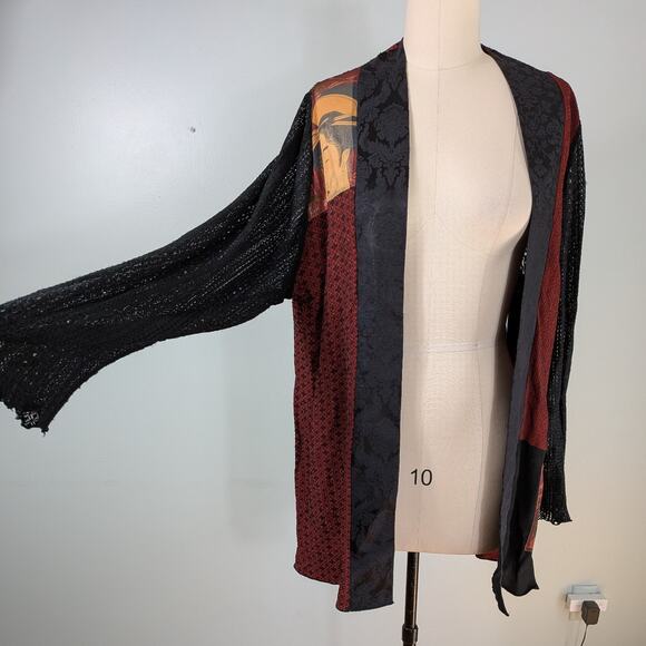 Y2K Patchwork Cardigan Topper Jacket Red Black Artsy Eclectic Lace Mesh Asian - Picture 4 of 11